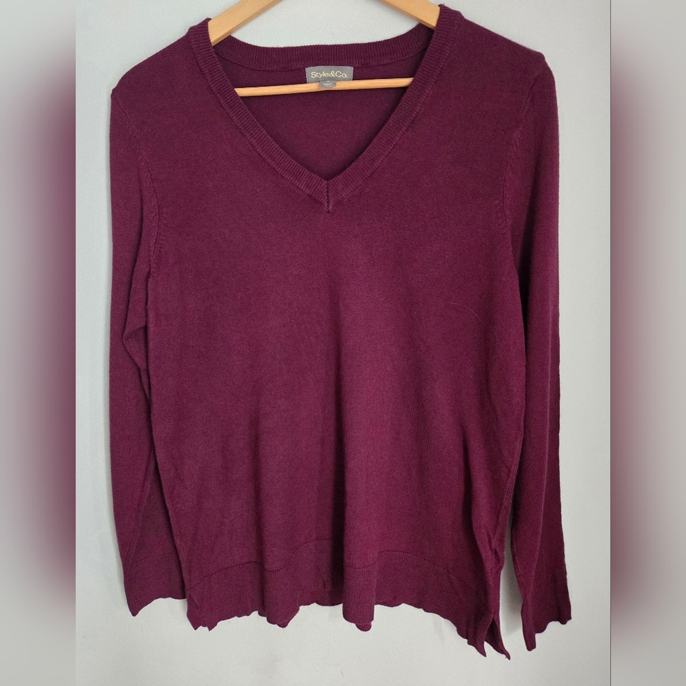 Style & Co. Purple Burgundy V-Neck Rayon Blend Sweater